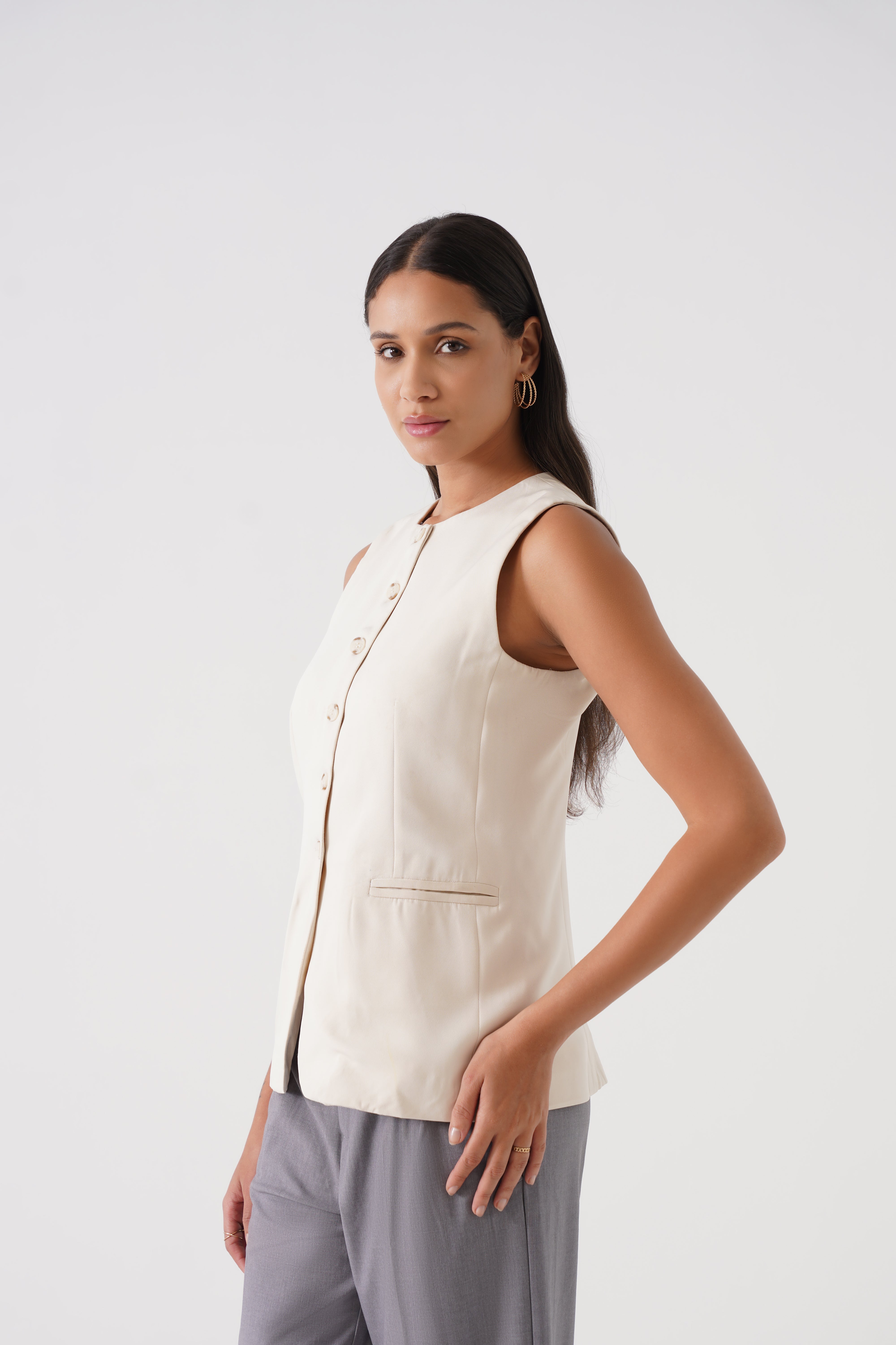 Button-Down Soft Vest (Beige)